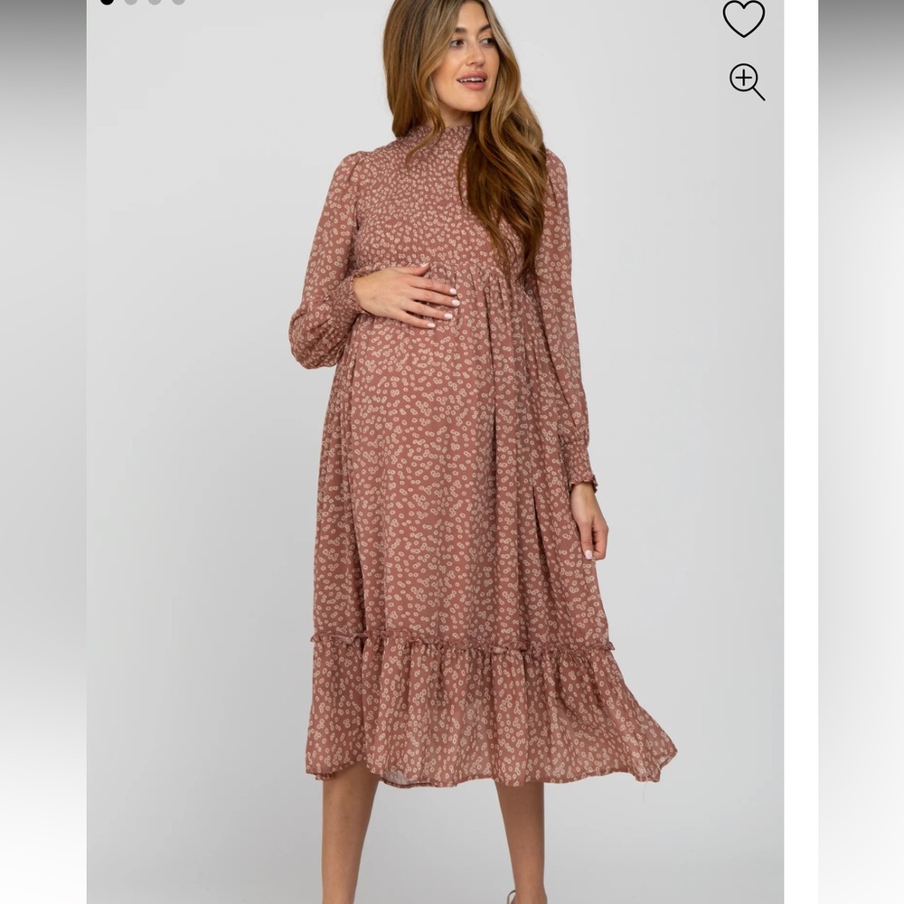Mauve Ditsy Floral Smocked Mock Neck Maternity Midi Dress - PinkBlush